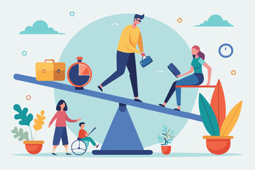 Work life balance, choose between family or hard work to be success, career opportunity or spend time with family, decision or responsibility concept, seesaw compare between family and man work hard. 