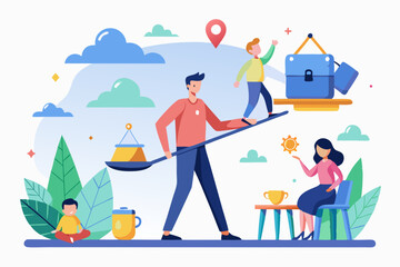 Work life balance, choose between family or hard work to be success, career opportunity or spend time with family, decision or responsibility concept, seesaw compare between family and man work hard. 
