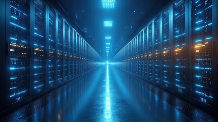 Fototapeta premium futuristic server room bathed in cool blue light rows of sleek servers and intricate network cables create visual rhythm hightech infrastructure evokes digital age complexity