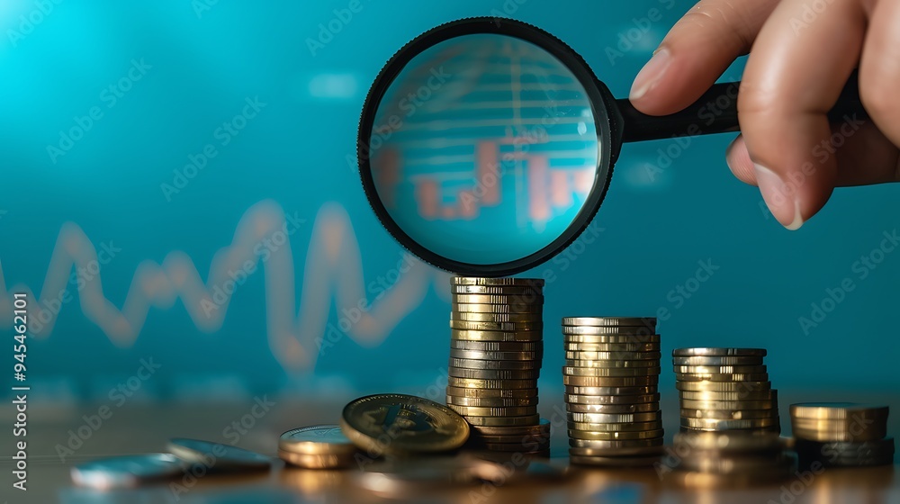 Wall mural hand holding a magnifying glass over a stack of coins with a financial graph on a blue background, a