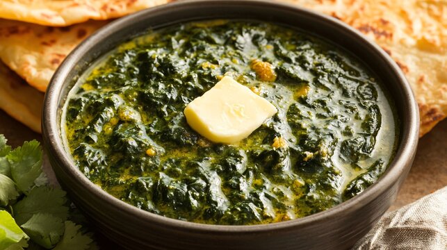 A bowl of saag (mustard greens curry) served with makki ki roti (cornbread) and a dollop of butter