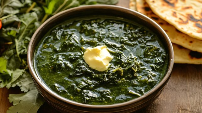 A bowl of saag (mustard greens curry) served with makki ki roti (cornbread) and a dollop of butter