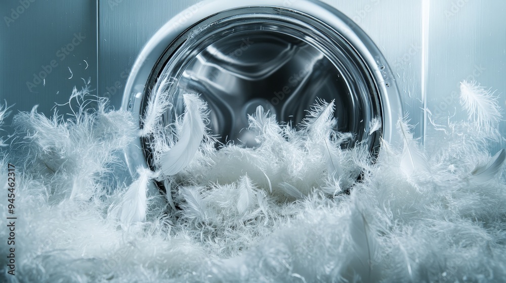 Aufkleber a washing machine drum full of white feathers, creating a soft and delicate scene that symbolizes pu