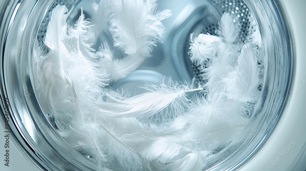 Poster A collection of soft white feathers inside a washing machine, creating an airy and light visual that exudes gentleness and purity in a serene household context.