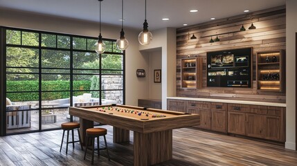 Obraz premium Modern game room with a pool table, wooden cabinets, and a large window overlooking a backyard with greenery.