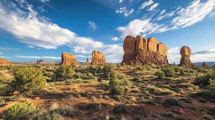 The towering sandstone formations of Arches National Park, Utah, with ample space for copy.