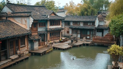 Obraz premium A view of a canal with traditional Chinese houses on either side, the water is rippling gently.