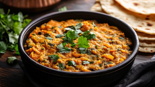 A dish of baingan bharta (smoked eggplant curry) garnished with coriander leaves and served with roti
