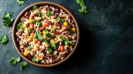 Top view of a bowl of hearty Southwestern bean and rice salad, with plenty of space for copy.