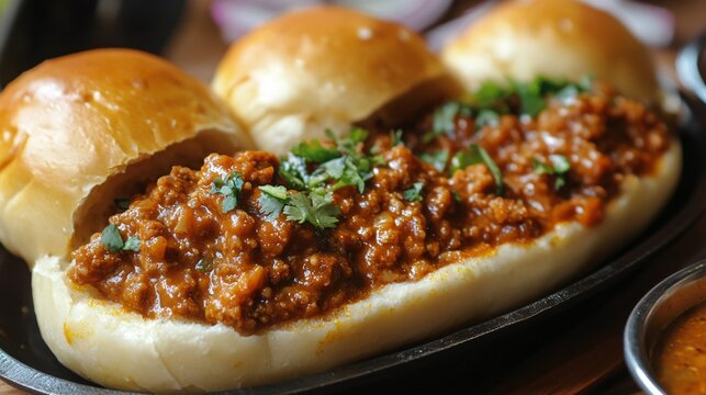 A dish of buttered pav (bread rolls) served with spicy keema (minced meat) curry
