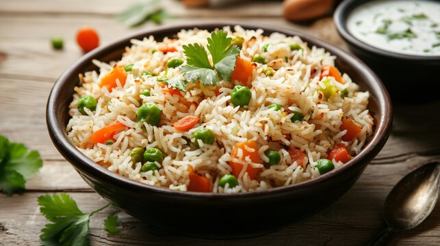 A dish of fragrant pulao with mixed vegetables and spices, served with raita on the side