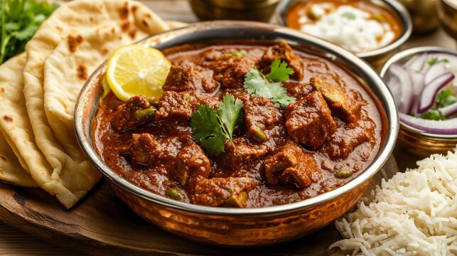A dish of lamb vindaloo with spicy gravy, served with steamed rice and naan