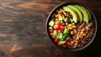 Top view of a bowl of Southwestern-inspired quinoa salad with avocado, with space for copy.