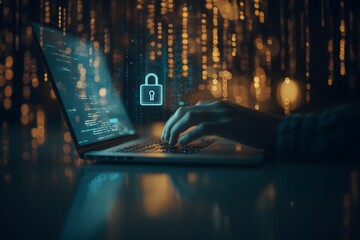 Close-up of hands typing on a laptop with cybersecurity elements, emphasizing online data protection and digital security in a connected world