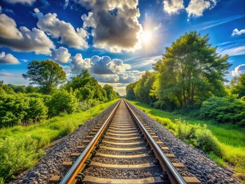 Railway tracks stretch into the distance, parallel steel lines gleaming in sunlight, surrounded by lush greenery and a hazy blue sky with fluffy white clouds.
