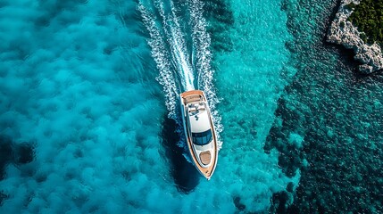 From above, a luxury yacht cuts through the turquoise water, leaving a gentle wake behind.