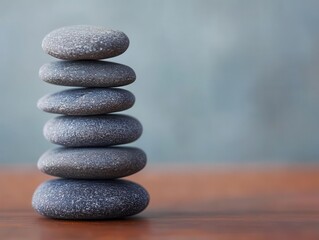 A balanced stack of smooth gray stones symbolizing tranquility and harmony on a wooden surface.