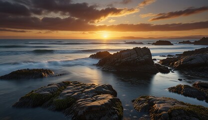 Obraz premium Serene Sunset Over Rocky Shoreline