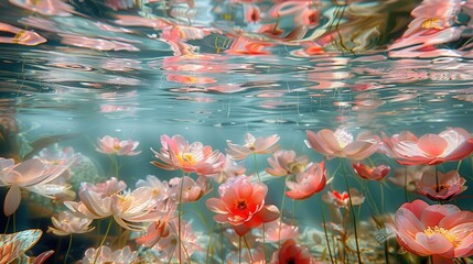 Underwater View of Pink Flowers with Water Ripples