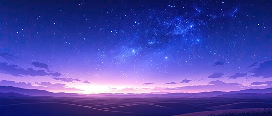 Fototapeta premium Dreamy animated sky with shimmering stars above a serene desert landscape featuring rolling dunes and a glowing horizon