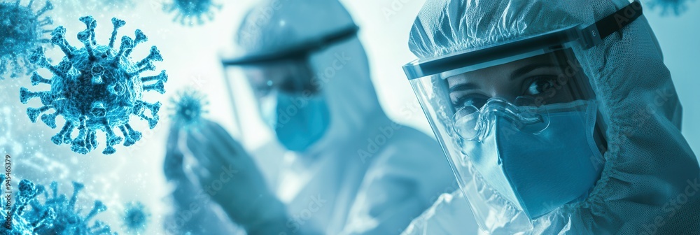 Leinwandbilder protective-suited medical workers focus on examining viruses under a microscope while managing disea
