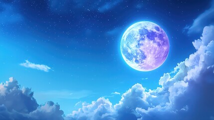 A stunning, colorful moon illuminates a serene night sky filled with fluffy clouds and twinkling stars, creating a magical atmosphere.