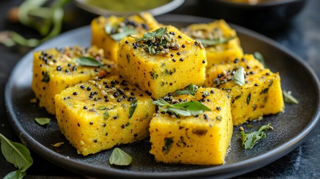 A plate of dhokla with a tempering of mustard seeds and curry leaves, served with chutney