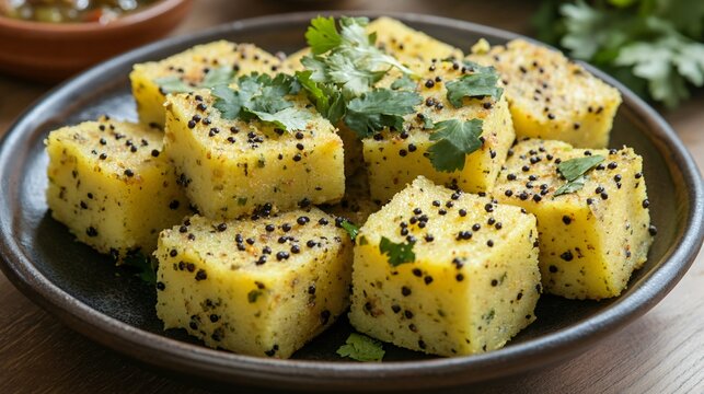 A plate of dhokla with a tempering of mustard seeds and curry leaves, served with chutney