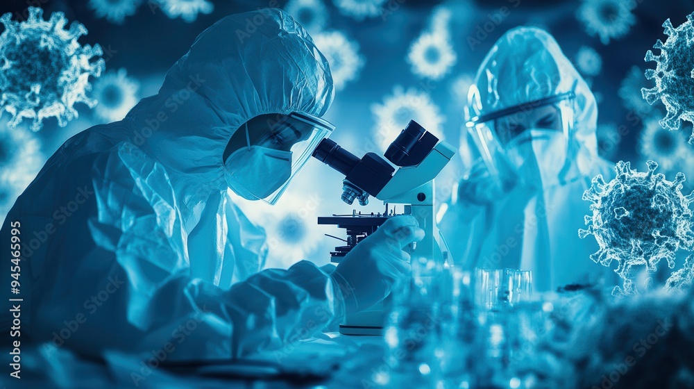 Aufkleber medical professionals in protective suits analyze viruses using a microscope, emphasizing the import