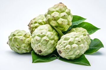 A cluster of green cherimoya fruits resting on leaves, showcasing their textured surface.