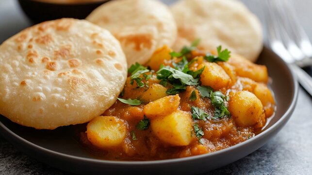 A plate of poori bhaji with fluffy puris and a spiced potato curry, garnished with coriander