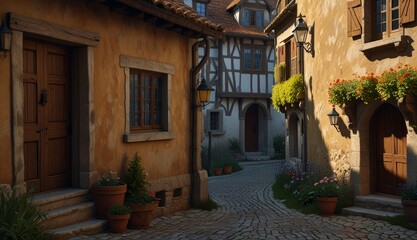 Obraz premium Charming Medieval Village Street Scene