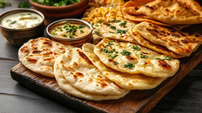 A platter of assorted Indian bread (naan, kulcha, paratha) with a side of butter