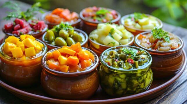 A platter of assorted Indian pickles (mango, lime, and mixed vegetables) in ceramic jars