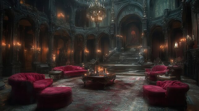 gothic vampire castle interior grand living room with ornate furniture dark wood rich tapestries candlelit chandeliers and eerie atmosphere