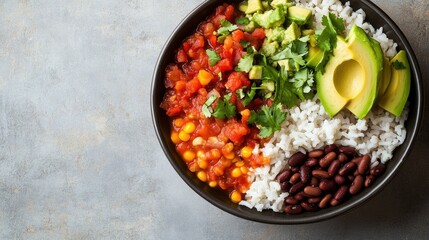 Top view of a Southwestern-inspired rice bowl with beans, avocado, and fresh salsa, with space for copy.