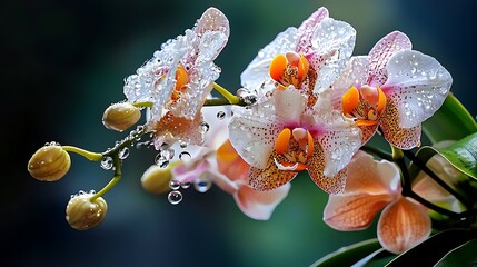 Close-up, pink and white orchid flowers glisten with dew, capturing a moment of delicate beauty.