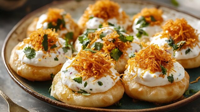 A platter of dahi puri filled with yogurt, tamarind chutney, and sev, served on a ceramic plate