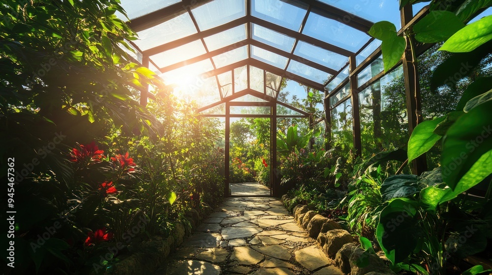 Canvas Prints Sun shining through the glass roof of a greenhouse onto a stone path lined with lush greenery.