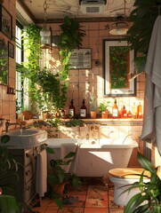 Illustration of A stylish bathroom in cluttercore style, with trendy tiles, a plethora of vintage bottles, plants, and artistic clutter creating a cozy, lived-in feel. Ai Generate.
