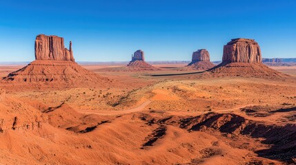 Fototapeta premium Top view of Monument Valley's iconic red rock formations with a clear blue sky, with plenty of copy space available.