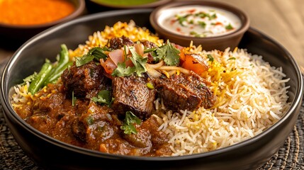 Fototapeta premium A serving of hyderabadi biryani with tender lamb, saffron rice, and a side of salan