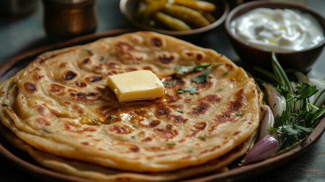 A serving of aloo paratha with a dollop of butter, served with curd and pickle on the side
