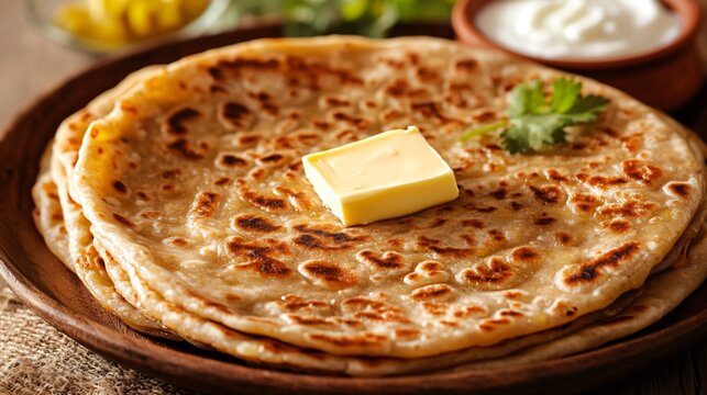 A serving of aloo paratha with a dollop of butter, served with curd and pickle on the side