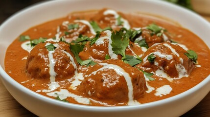 A serving of malai kofta in a creamy tomato sauce, garnished with fresh cream and coriander