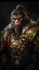 Sun Wukong, the Monkey King, wearing golden armor and sporting spiky hair, rendered in realistic CGI, standing against a dark background with detailed textures and lifelike features.