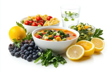 A vibrant assortment of healthy foods including pasta, vegetables, fruits, and drinks.