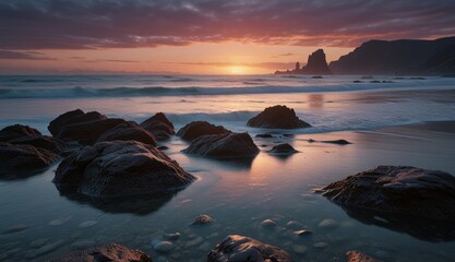 Obraz premium Serene Sunset Over Rocky Shoreline