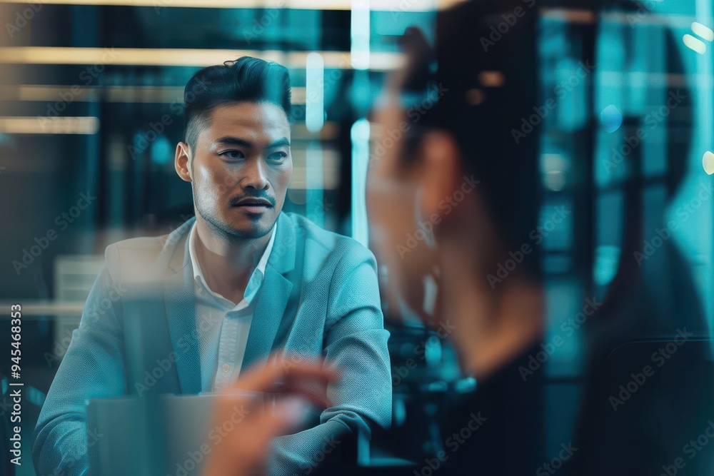 Wall mural businesswoman interviewing a man business persons talking in the office