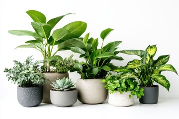 Obraz premium A collection of various indoor plants in stylish pots on a white background.